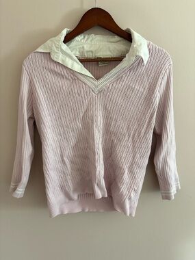 Faded Glory Light Pink Cable V-Neck Sweater with White Collar